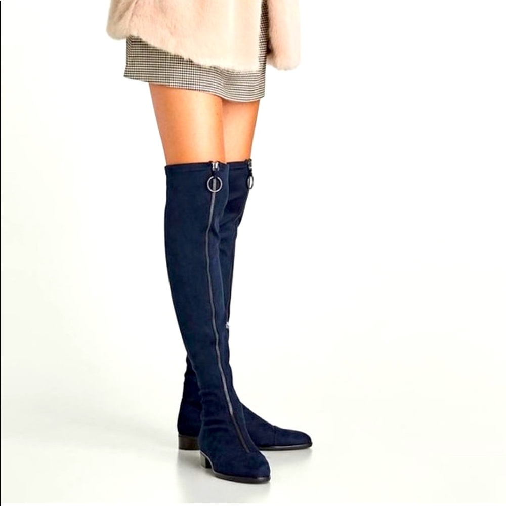 Zara suede navy blue knee high boots with zipper